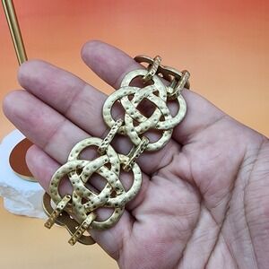 Gold Tone Celtic Knot Link Bracelet Textured Chunky Statement Ren Faire Vintage